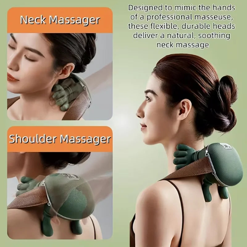 Portable Wireless Heated Neck And Shoulder Massager With Finger Massage
