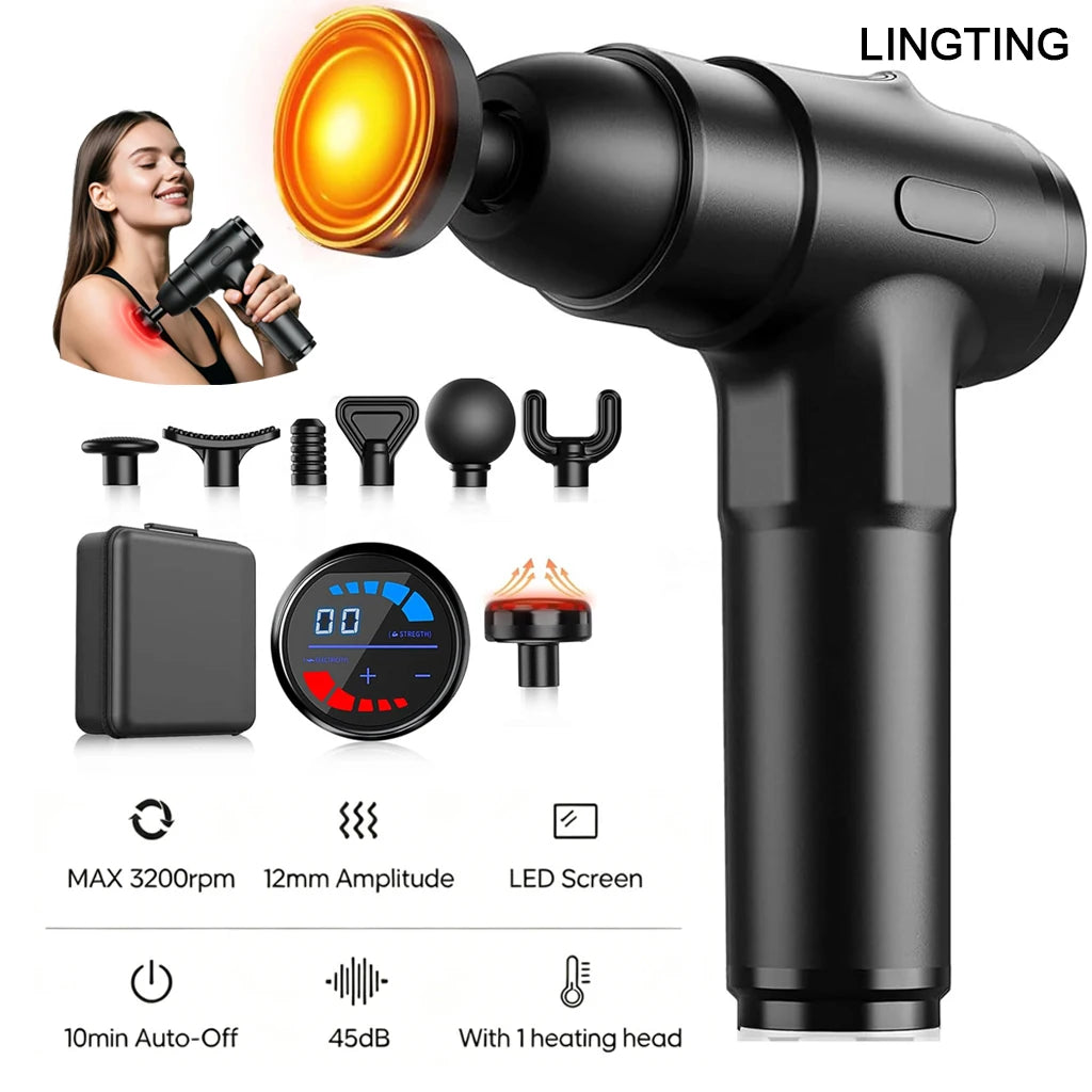 LINGTENG Heated Deep Tissue Massage Gun With Multiple Massage Heads