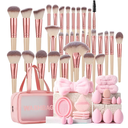 Complete Makeup Brush Set With Sponges Puffs And Cosmetic Bag